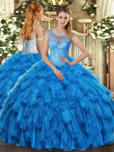 Baby Blue Organza Lace Up Scoop Sleeveless Floor Length Ball Gown Prom Dress Beading and Ruffles