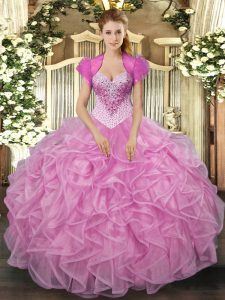 Fancy Rose Pink Organza Lace Up Quinceanera Gown Sleeveless Floor Length Beading and Ruffles