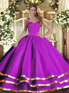 Fashion Purple Ball Gowns Halter Top Sleeveless Tulle Floor Length Lace Up Ruffled Layers Quinceanera Gowns
