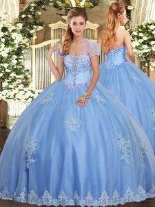 Light Blue Strapless Lace Up Beading and Appliques Quinceanera Gown Sleeveless