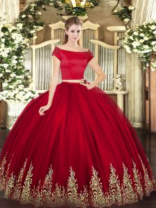 Modern Appliques Quinceanera Gown Wine Red Zipper Short Sleeves Floor Length