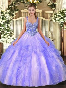 Classical Sleeveless Tulle Floor Length Lace Up Quinceanera Gown in Lavender with Beading and Ruffles