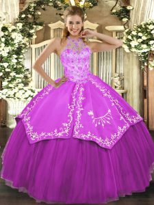 Elegant Floor Length Lace Up Ball Gown Prom Dress Fuchsia for Military Ball and Sweet 16 and Quinceanera with Beading and Embroidery