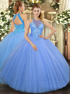 Light Blue Tulle Lace Up 15th Birthday Dress Sleeveless Floor Length Beading