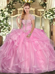 Elegant Sleeveless Floor Length Appliques and Ruffles Lace Up 15th Birthday Dress with Rose Pink