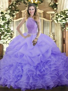 Graceful Lavender Sweet 16 Dresses Military Ball and Sweet 16 and Quinceanera with Beading and Ruffles and Pick Ups High-neck Sleeveless Lace Up