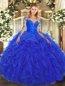 Traditional Long Sleeves Lace Up Floor Length Lace and Ruffles Ball Gown Prom Dress
