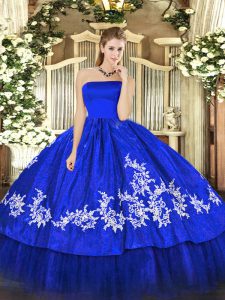 Elegant Royal Blue Organza and Taffeta Zipper Strapless Sleeveless Floor Length Sweet 16 Dress Embroidery
