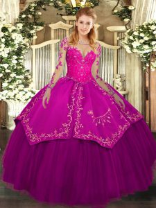 Custom Made Fuchsia Scoop Neckline Lace and Embroidery Sweet 16 Dress Long Sleeves Lace Up