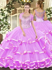 Luxurious Sleeveless Tulle Floor Length Clasp Handle Quinceanera Gown in Lilac with Beading and Ruffled Layers