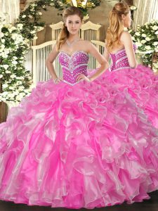Custom Designed Rose Pink Quinceanera Dresses Military Ball and Sweet 16 and Quinceanera with Beading and Ruffles Sweetheart Sleeveless Lace Up