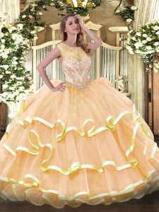 Peach Sleeveless Beading and Ruffled Layers Floor Length 15 Quinceanera Dress