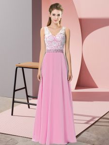 Floor Length Empire Sleeveless Rose Pink Evening Dress Backless