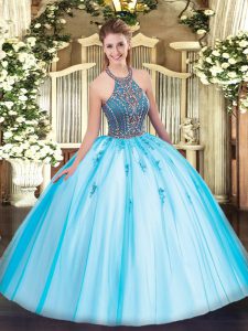 Aqua Blue Ball Gowns Tulle Halter Top Sleeveless Beading and Appliques Floor Length Lace Up Quince Ball Gowns