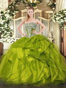 Fantastic Floor Length Olive Green Quinceanera Dress Strapless Sleeveless Lace Up