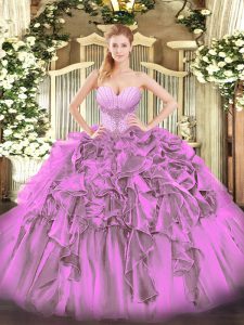 Traditional Sweetheart Sleeveless Sweet 16 Dress Floor Length Beading and Ruffles Lilac Organza