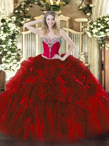 Decent Organza Sweetheart Sleeveless Lace Up Beading and Ruffles 15 Quinceanera Dress in Wine Red