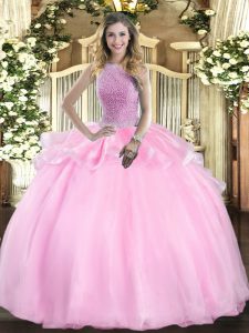 Floor Length Pink Quince Ball Gowns High-neck Sleeveless Lace Up