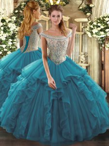 Teal Tulle Lace Up Ball Gown Prom Dress Sleeveless Floor Length Beading and Ruffles