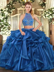 Blue Quinceanera Gown Military Ball and Sweet 16 and Quinceanera with Beading and Ruffled Layers Halter Top Sleeveless Criss Cross