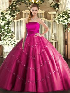 Clearance Tulle Strapless Sleeveless Lace Up Appliques Quince Ball Gowns in Hot Pink