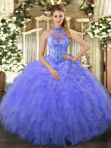 Blue Sleeveless Floor Length Beading and Embroidery and Ruffles Lace Up 15 Quinceanera Dress