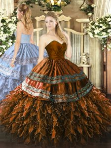 Inexpensive Brown Ball Gowns Embroidery and Ruffles Vestidos de Quinceanera Zipper Organza and Taffeta Sleeveless Floor Length