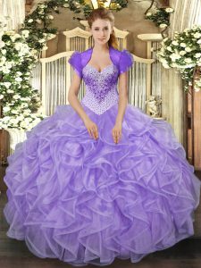 Charming Lavender Organza Lace Up Sweetheart Sleeveless Floor Length Quinceanera Gowns Beading and Ruffles