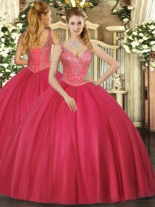 Spectacular Sleeveless Tulle Floor Length Lace Up Sweet 16 Quinceanera Dress in Red with Beading