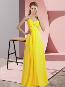 Traditional Yellow Evening Dress Prom and Party with Beading One Shoulder Sleeveless Lace Up