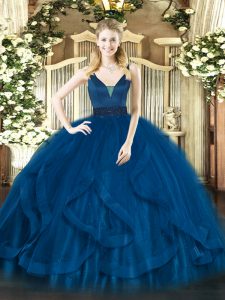 Royal Blue Ball Gowns Tulle Straps Sleeveless Beading and Ruffles Floor Length Zipper Ball Gown Prom Dress