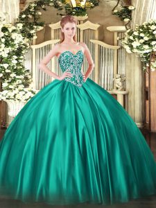 Custom Designed Floor Length Lace Up Quinceanera Gown Turquoise for Military Ball and Sweet 16 and Quinceanera with Beading