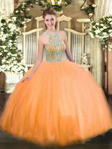 Amazing Halter Top Sleeveless Quince Ball Gowns Floor Length Beading Orange Tulle