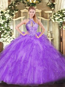 Charming Halter Top Sleeveless Lace Up 15th Birthday Dress Lavender Organza