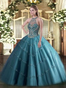 Sleeveless Floor Length Beading Lace Up Sweet 16 Dress with Teal