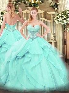 Elegant Aqua Blue Quinceanera Dress Military Ball and Sweet 16 and Quinceanera with Beading and Ruffles Sweetheart Sleeveless Lace Up