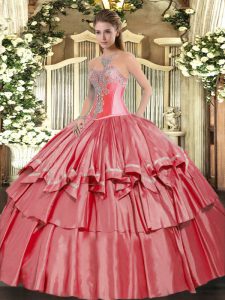 Custom Design Coral Red Sweetheart Lace Up Beading and Ruffled Layers Quinceanera Dress Sleeveless