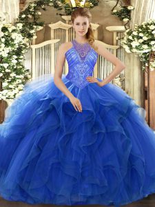 Comfortable Blue Organza Lace Up High-neck Sleeveless Floor Length Quinceanera Gowns Beading and Ruffles