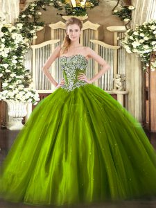 Trendy Sleeveless Tulle Floor Length Lace Up Ball Gown Prom Dress in Olive Green with Beading