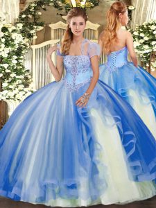Blue Ball Gowns Appliques and Ruffles Quinceanera Dresses Lace Up Tulle Sleeveless Floor Length
