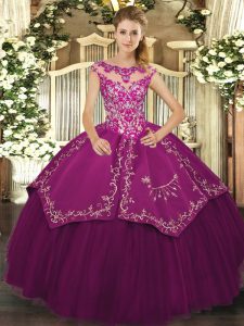 Excellent Purple Cap Sleeves Floor Length Beading and Embroidery Lace Up Quinceanera Dress