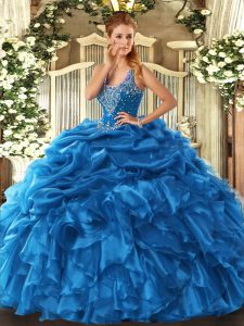 Beautiful Floor Length Blue Quince Ball Gowns Straps Sleeveless Lace Up
