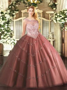 Sleeveless Tulle Floor Length Zipper Sweet 16 Quinceanera Dress in Brown with Beading and Appliques