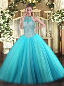 Aqua Blue Ball Gowns Beading Quinceanera Gowns Lace Up Tulle Sleeveless Floor Length