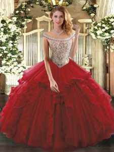 Wine Red Lace Up Quince Ball Gowns Beading and Ruffles Sleeveless Floor Length