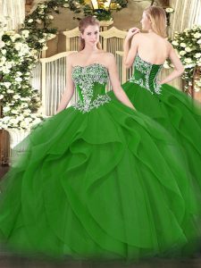 Designer Floor Length Green Sweet 16 Dresses Tulle Sleeveless Beading and Ruffles