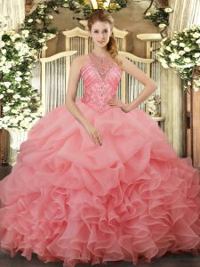 Watermelon Red Sleeveless Organza Lace Up Quinceanera Dress for Military Ball and Sweet 16 and Quinceanera