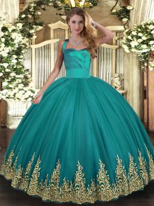 Sleeveless Lace Up Floor Length Appliques 15 Quinceanera Dress