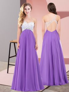 Decent Eggplant Purple Empire Chiffon One Shoulder Sleeveless Beading Floor Length Lace Up Prom Gown