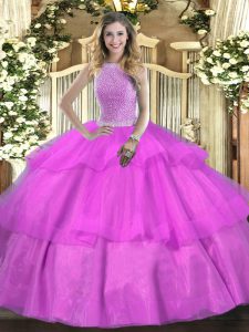 Lilac High-neck Neckline Beading and Ruffled Layers Sweet 16 Dress Sleeveless Lace Up
